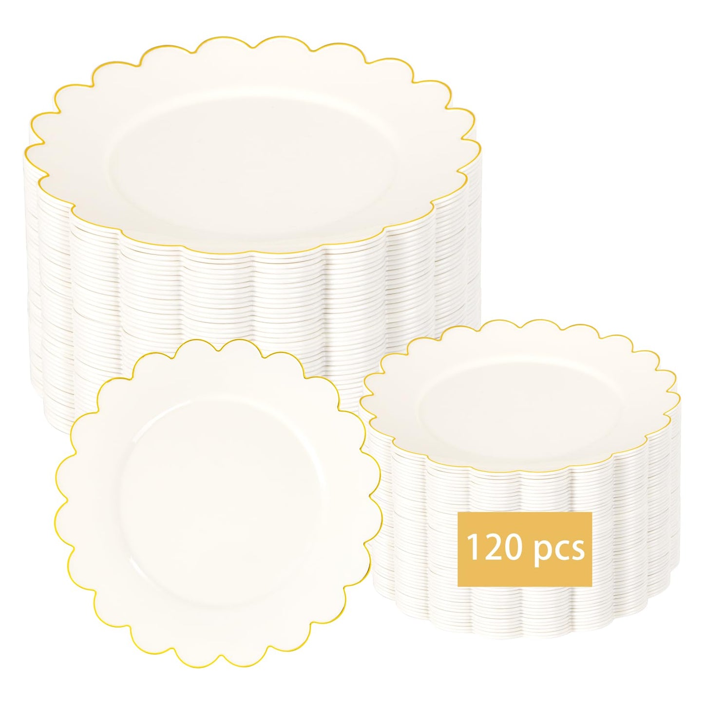 LIYH 120 Pcs Ivory Scalloped Plastic Plates Disposable - Ivory and Gold Plastic Plates - Gold Fancy Disposable Party Dinner & Dessert Plate for Wedding Birthday