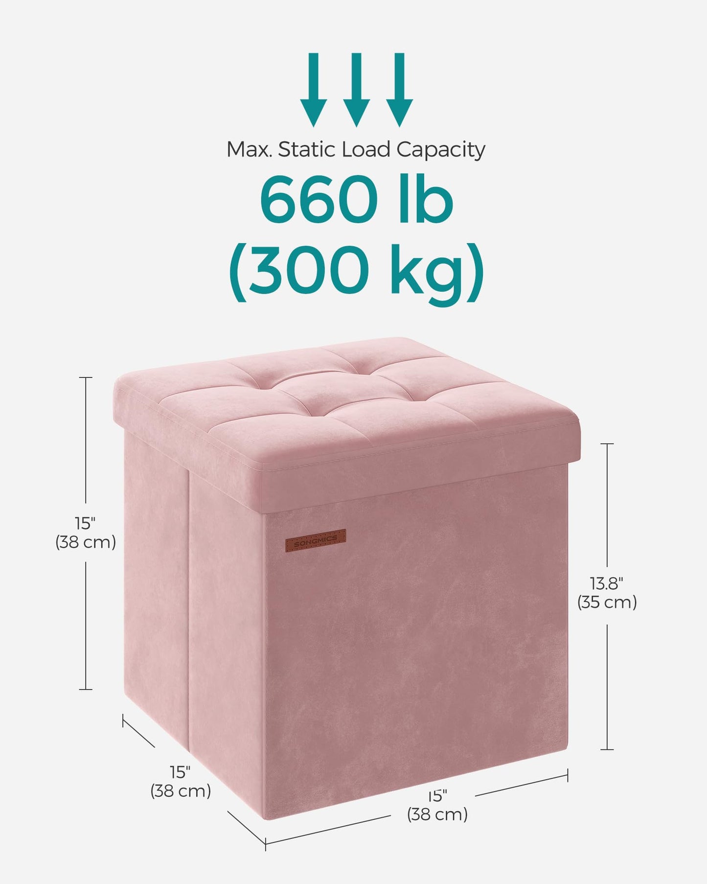 SONGMICS Small Storage Ottoman, Folding Ottoman Cube, 15 x 15 x 15 Inches, Footstool, Footrest, 11 Gal. (43 L), Velvet Surface, for Bedroom, Living Room, Dorm, Jelly Pink ULSF227R01