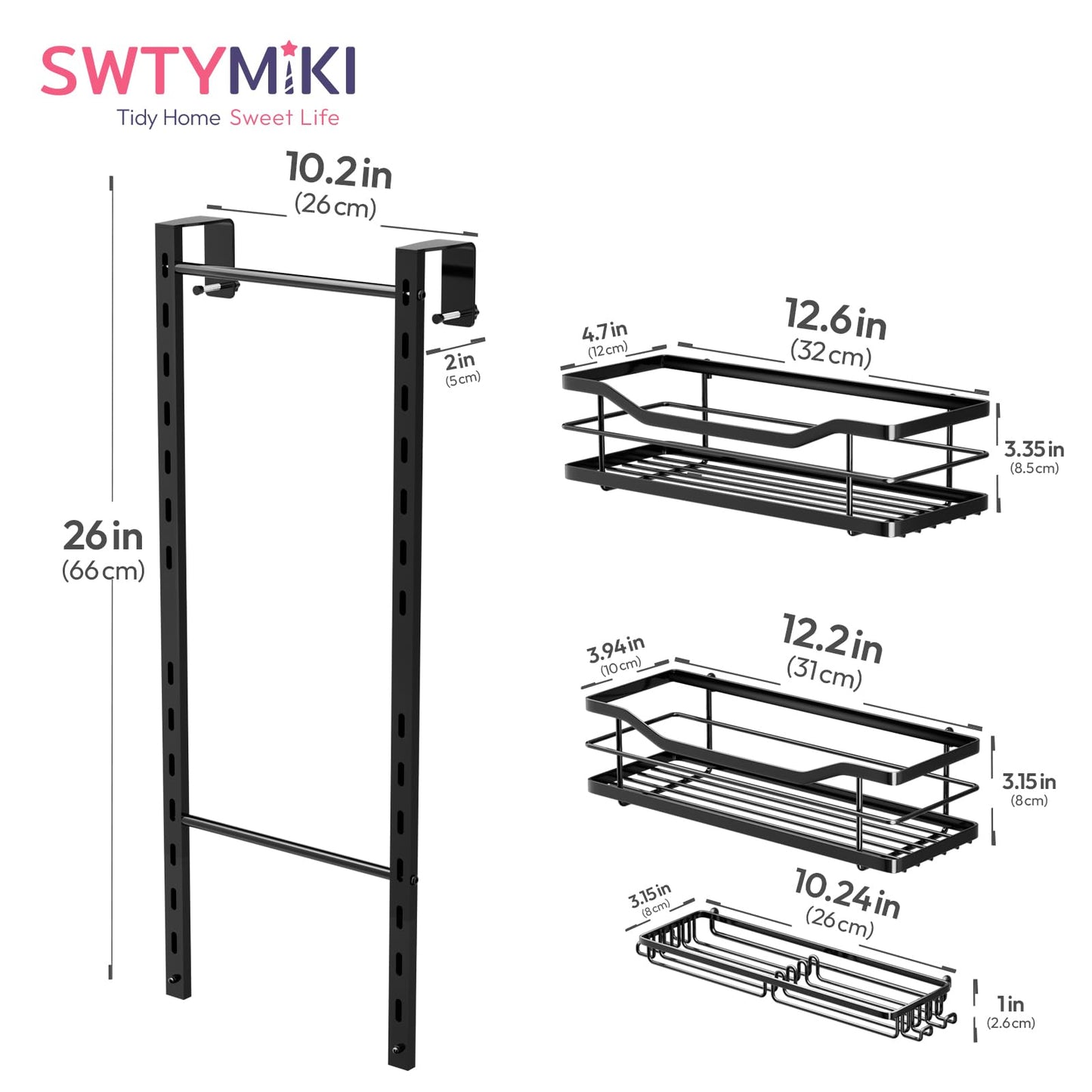 SWTYMIKI Over the Door Shower Caddy - 3 Tier Adjustable Shower Organizer Hanging with Soap Holder, No Drilling Stainless Steel Bathroom Rack Hanging for Body Wash, Shampoo, Soap, Razor, Black