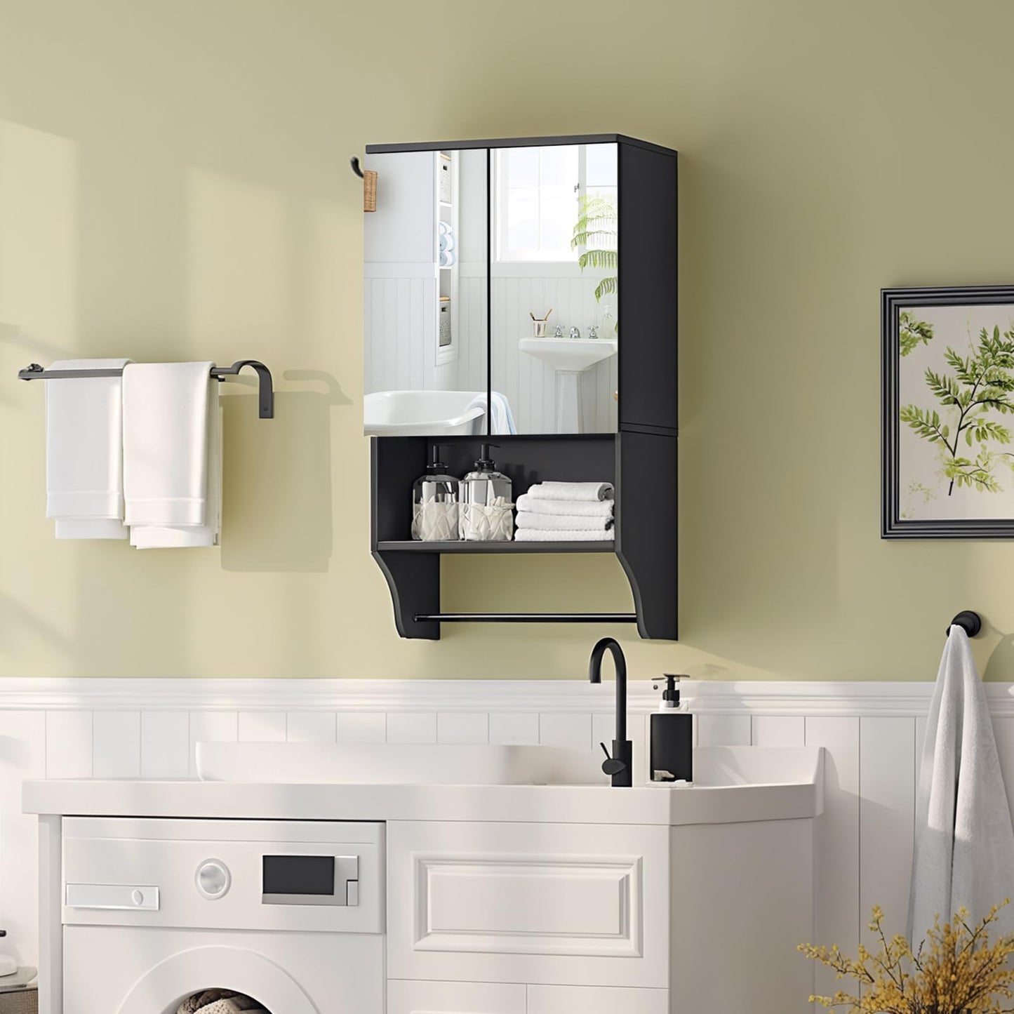 MAHANCRIS Bathroom Wall Cabinet with Mirror, Medicine Cabinet with 2 Door and Adjustable Shelf, Wall Mounted Over The Toilet Storage Cabinet with Towel Bar for Bathroom Laundry Room Kitchen, Black