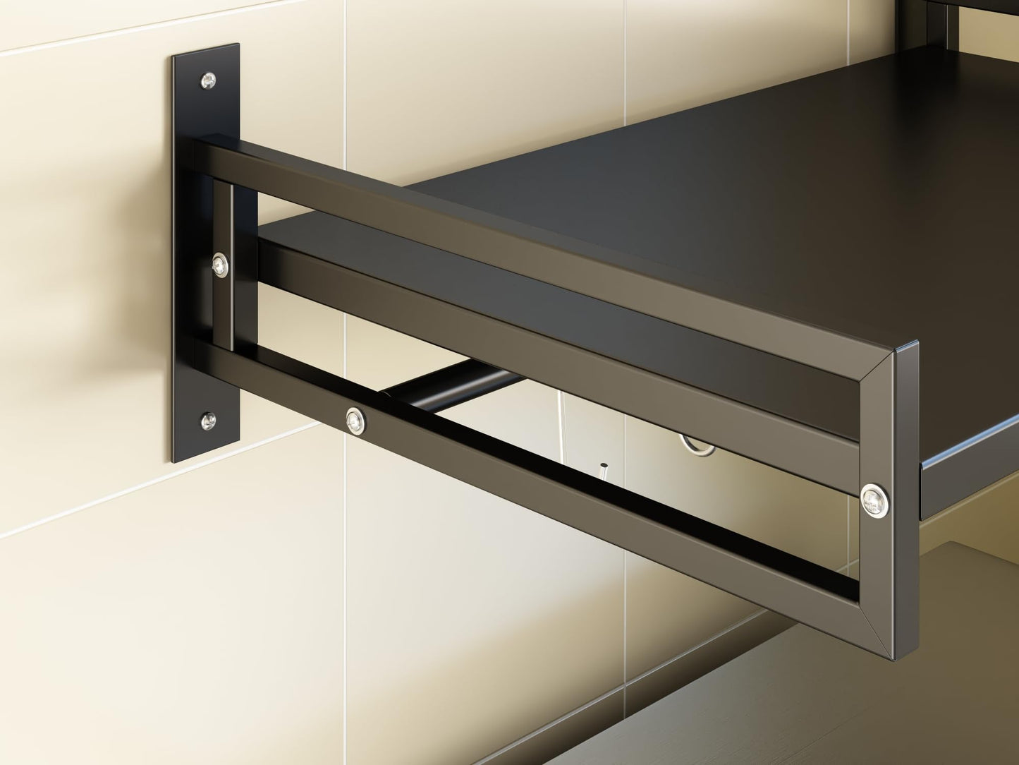 ABCOOL Wall Mount Microwave Oven Shelf Rack for Kitchen Home, Black Carbon Steel Counter Countertop Holder with Hook Rail and 3 Slidable Hooks