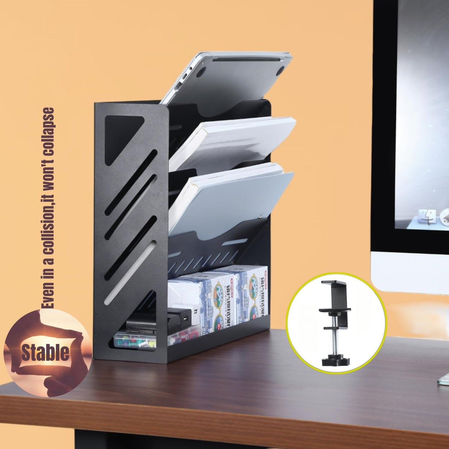 CanKing Metal File Organizer 13 Inch Paper Holder 4 Tier Hanging Mail Folders Clamp on Desk or Wall Mount for Office, Black