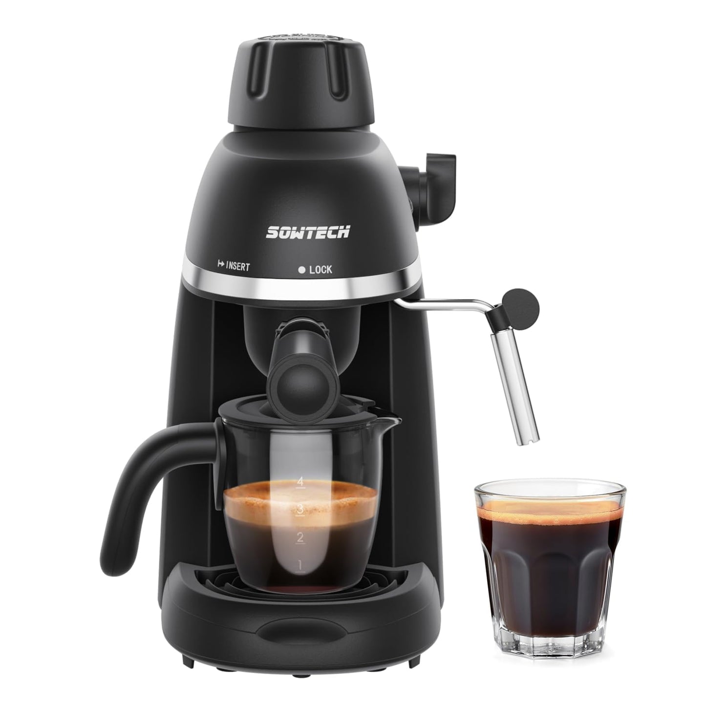 SOWTECH Coffee Machine, 3.5 Bar Espresso Cappuccino Machine with Milk Frother, 1-4 Cup Portable Coffee Maker for Latte, Cappuccino, 800W, Black