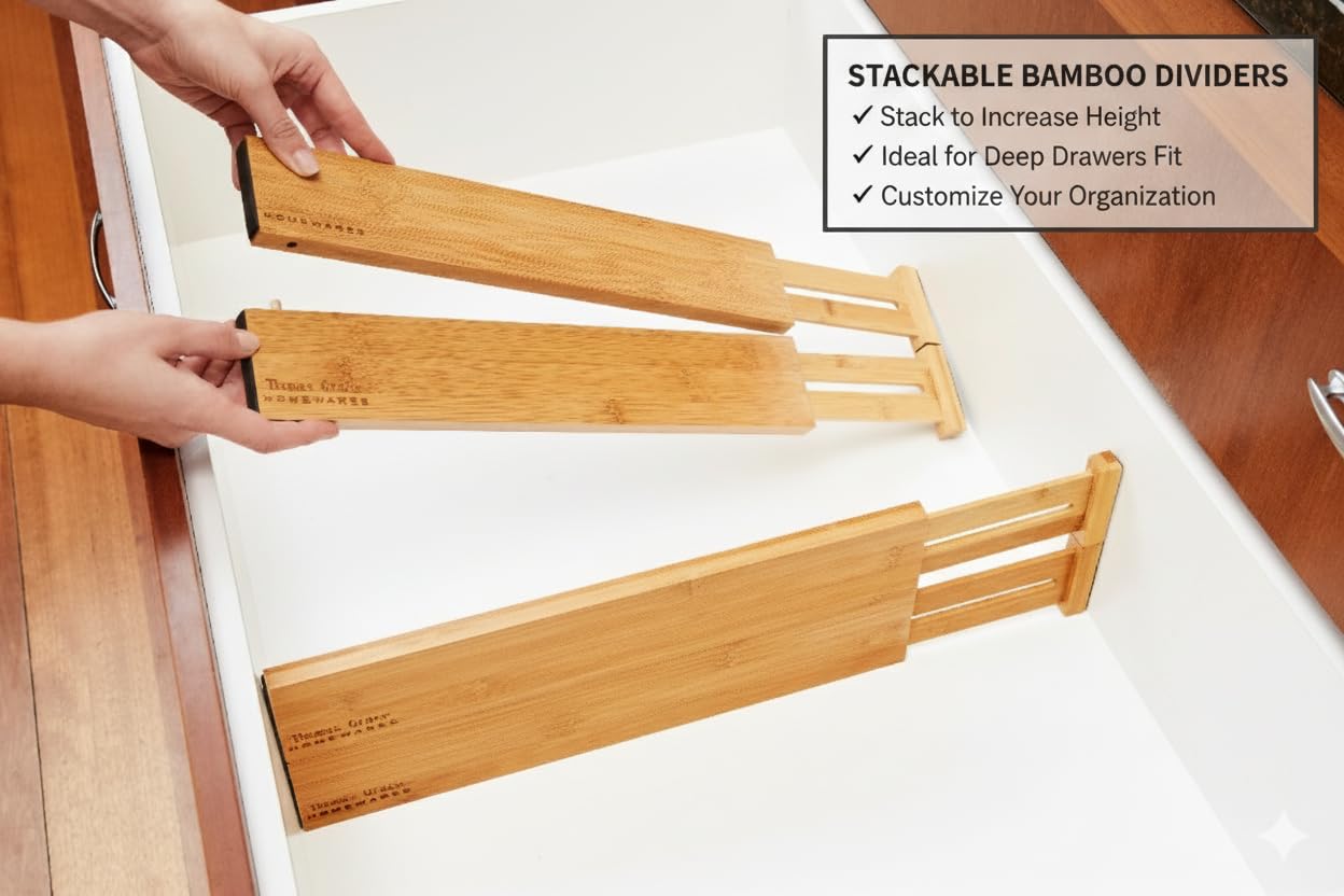 Thomas Grace Homewares Bamboo Kitchen Drawer Organizer Divider Stackable for Deep Drawers. (Set-of- 4) Spring Loaded Dividers that are Expandable & Adjustable. Kitchen Organizer.