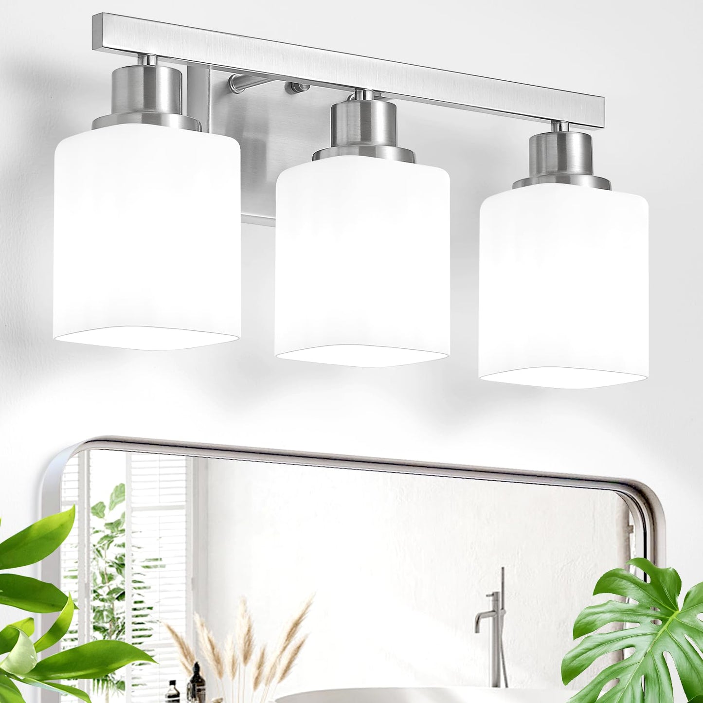 DIKAIDA 3-Light Bathroom Vanity Light,Brushed Nickel Vanity Lights with Square Frosted Glass,Modern Bathroom Wall Lights Fixtures Over Mirror,Wall Sconces Lighting for Bedroom Living Room,E26