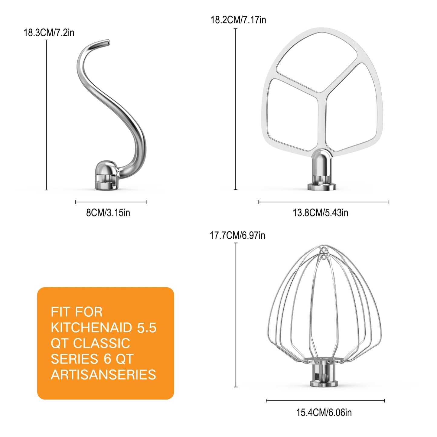 Stainless Steel Stand Mixer Attachments 3-Piece for KitchenAid Mixer and 5.5-6 Quart Bowl (KN256 6-Wire Whip, 5.5-6QT Flat Beater, 6QT Dough Hook Attachment)