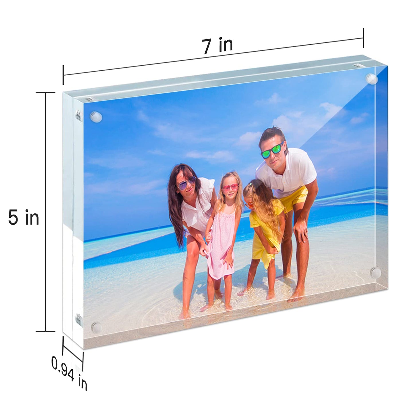 HELPLEX Acrylic Frames, 2 Pack 5x7, 24mm Thicker Frameless Clear Picture Frame, Double Sided Magnetic, Free Standing Desktop Display