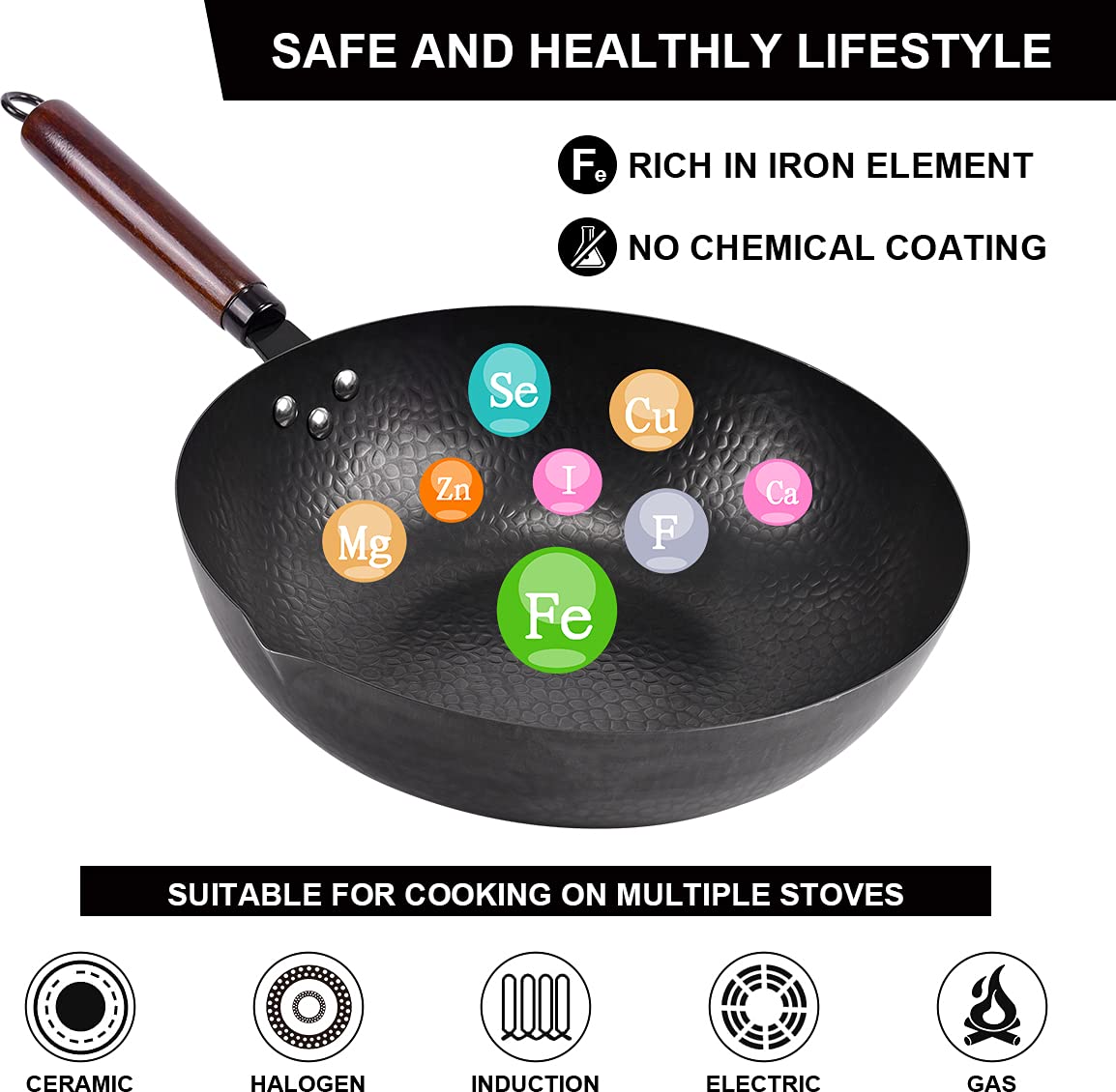 Leidawn 12.8" Carbon Steel Wok-11Pcs Woks & Stir Fry Pans Wok Pan with Lid, No Chemical Coated Chinese Woks with 10 Cookware Accessories, Flat Bottom Wok for Electric, Induction,Gas Stoves