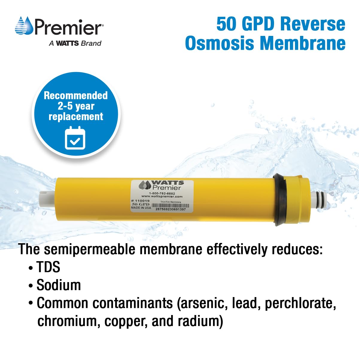 Watts Premier RO Water Filter 50 GPD (Gallons Per Day) Semi-Permeable Membrane Replacement for Premier Standard Reverse Osmosis System, Yellow, Built-In Check Valve, 1.8" Dia x 10.75" L, 1-Pack