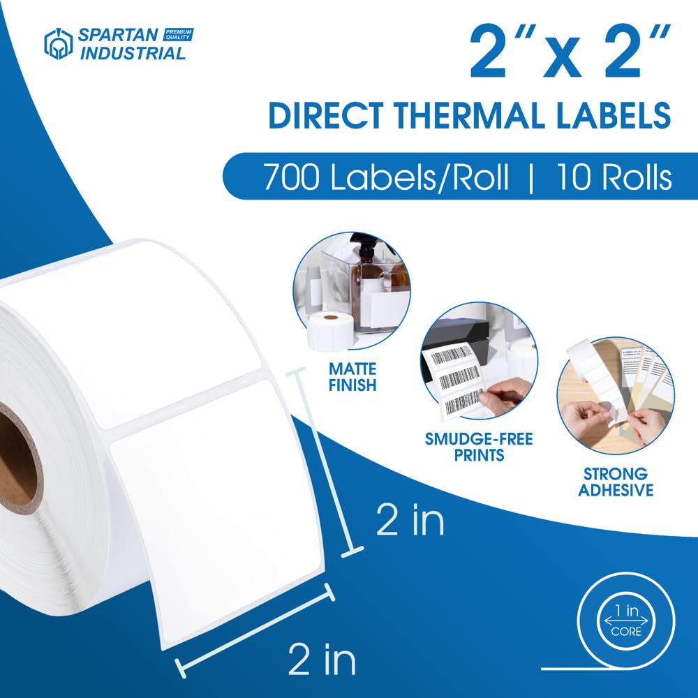 Spartan Industrial - 2" X 2" Square Direct Thermal Labels (7000 Count, 10 Rolls) - QR Code Stickers, Address Tags, Barcode Labels, Product Packaging - Compatible with Zebra and Rollo Printers