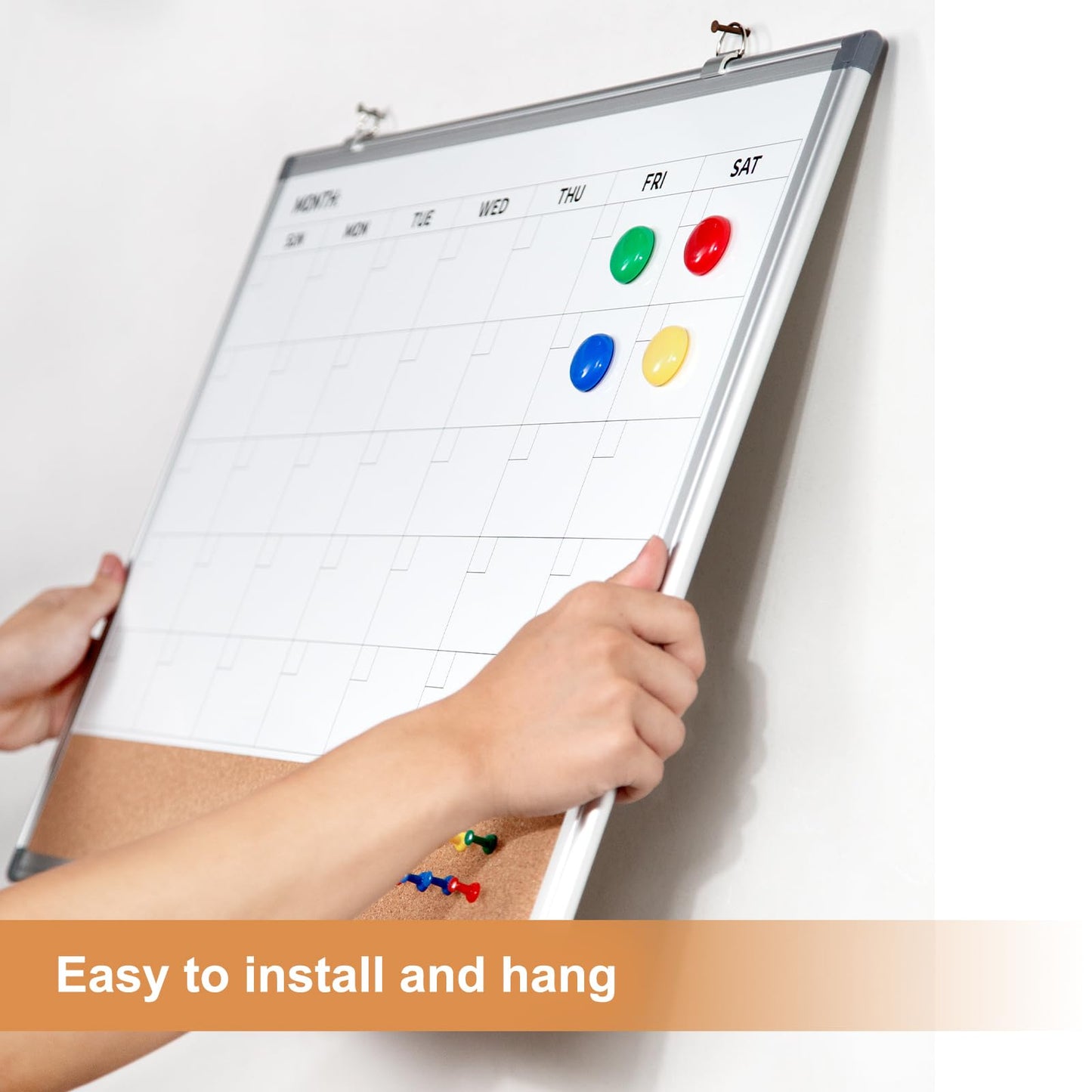 Comix Dry Erase Calendar Whiteboard Corkboard Combo, 24 * 18 inch Monthly Calendar and Bulletin Board Combination for wall, Aluminum Frame Planner with Dry Erase Markers, Magnets, Push Pins