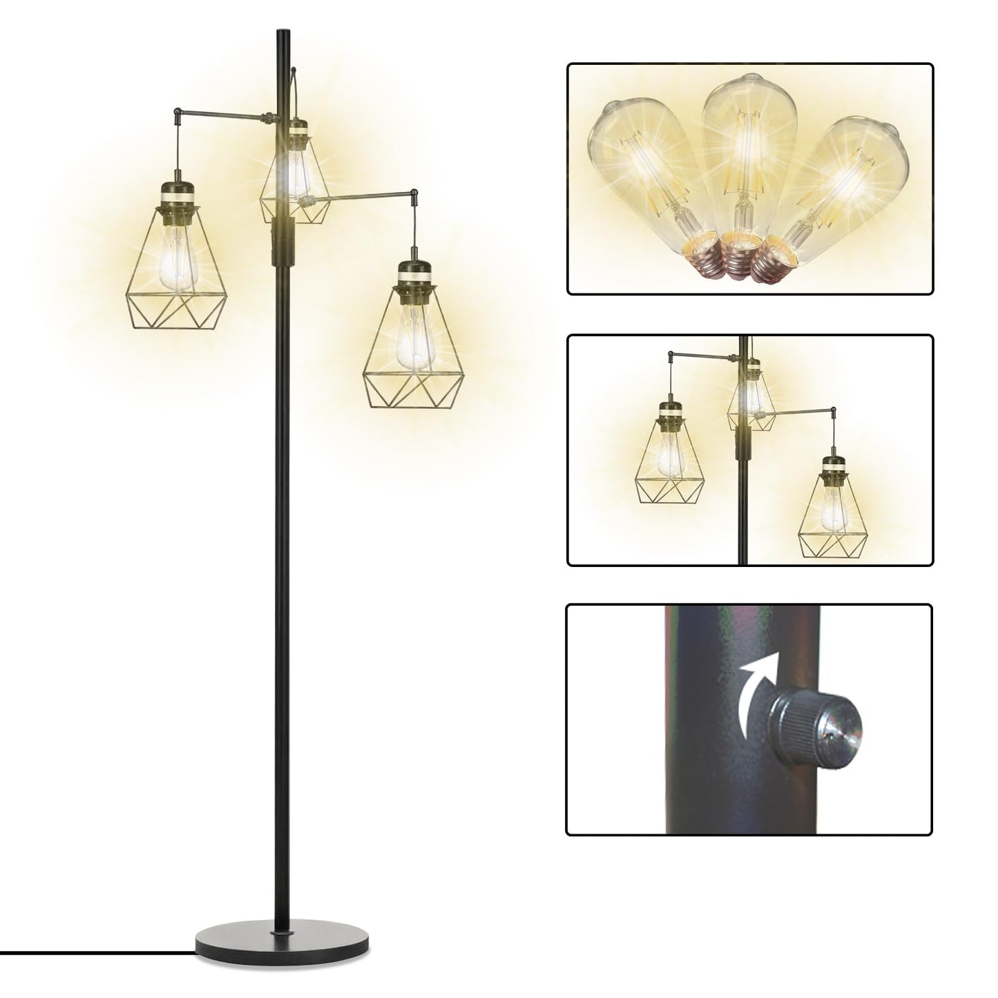 NUNET Boho Industrial Farmhouse Floor Lamp with Stepless Dimming & 3 Adjustable Cage Shades - Vintage Rustic Tall Standing Light for Living Room/Office, Includes Edison Bulbs, Weighted Base