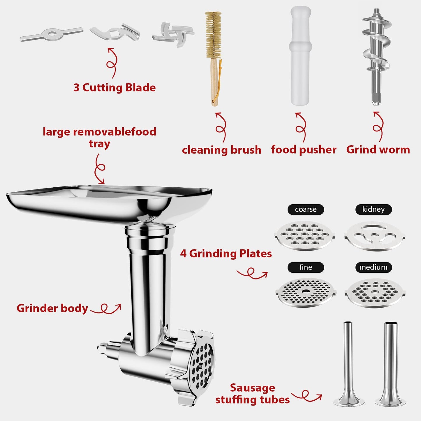 21Pcs Meat Grinder & Cheese Grater Attachment for KitchenAid Stand Mixer, with 4 Grinding Plates, Metal Sausage Stuffer Tubes, 4 Slicer Shredder Attachment, Kitchen Aid Accessories and Attachments