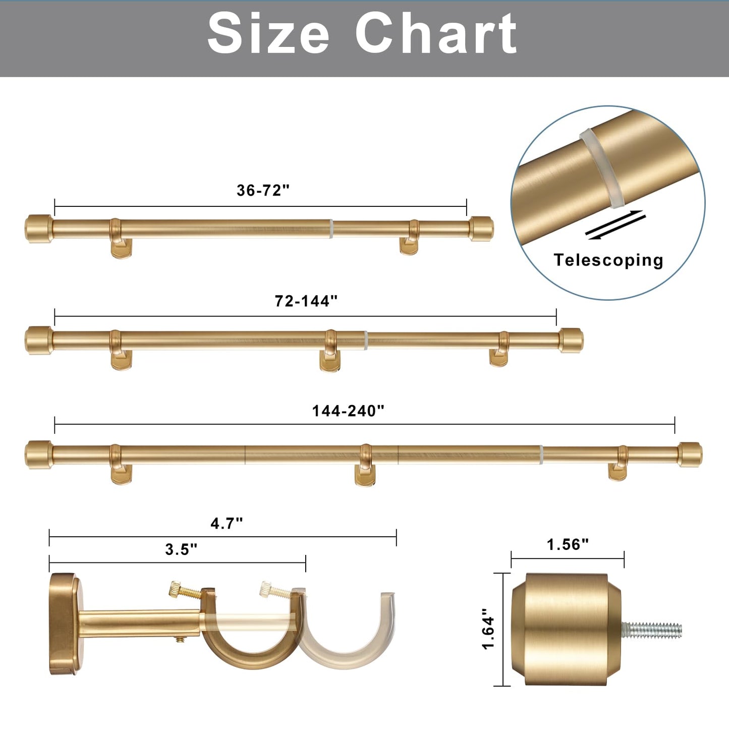 Heavy Duty Curtain Rods, 1 1/8 Inch Diameter Single Curtain Rod 36-72Inch(3-6ft) Extendable Length with End Caps Adjustable Modern Brackets-Warm Gold