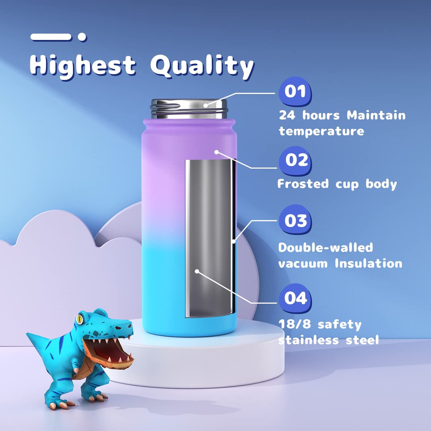 Kids Water Bottle, 2-Pack 16oz Water Bottles with Stickers and Straw, Stainless Steel Vacuum Insulated cup, Kids Water Bottle for School, Gifts for Boys and Girls(Blue/Purple)