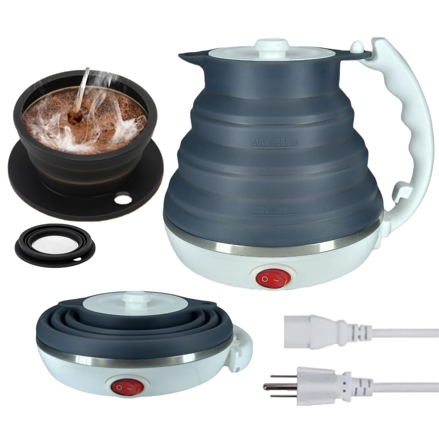 DOFQQG Travel Electric Kettle Small, Collpasible Electric Kettle, Portable Tea Kettle + Paperless Collapsible Pour Over Coffee Dripper, Travel Pour Over Coffee Maker Camping Single Cup (Black)