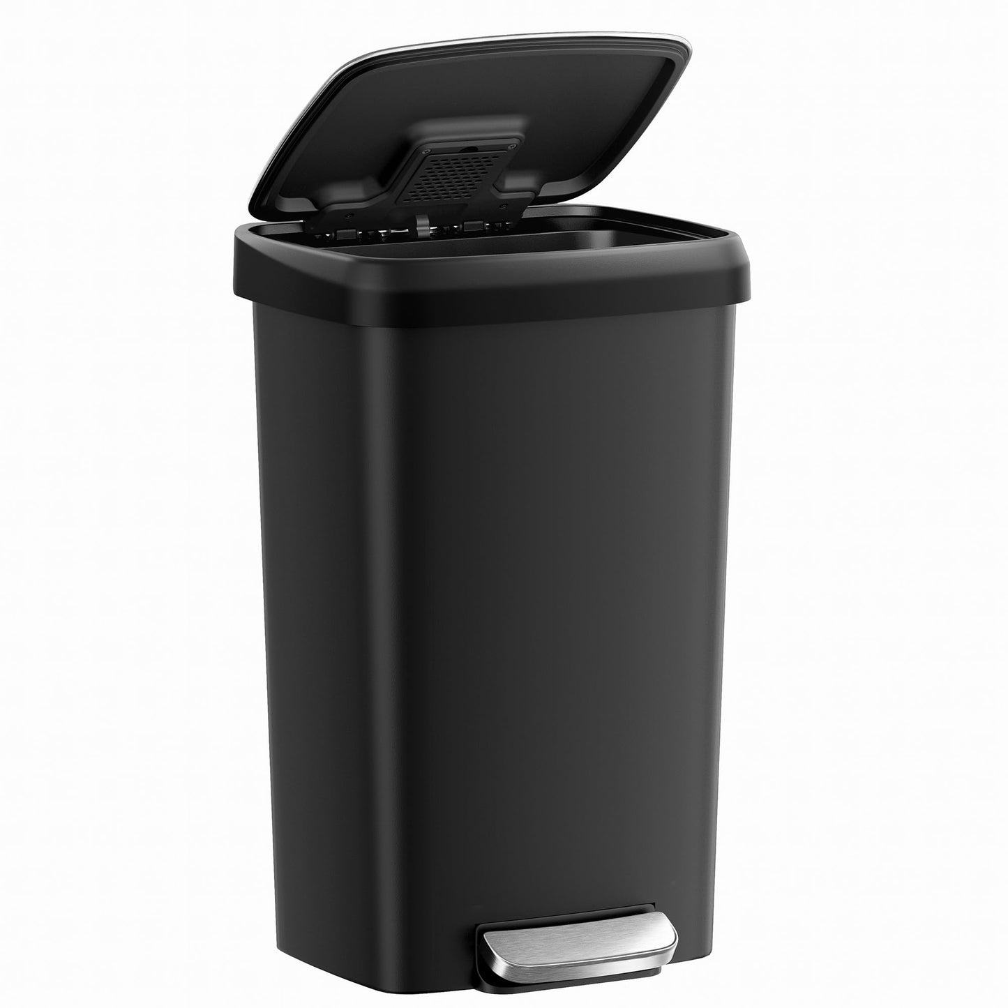 SONGMICS Plastic Kitchen Trash Can, 12-Gallon (45 L) Garbage Can with Stainless Steel Lid, Soft Close, Pedal Waste Bin with Wheels and Rear Handle, Ink Black ULTB533B01