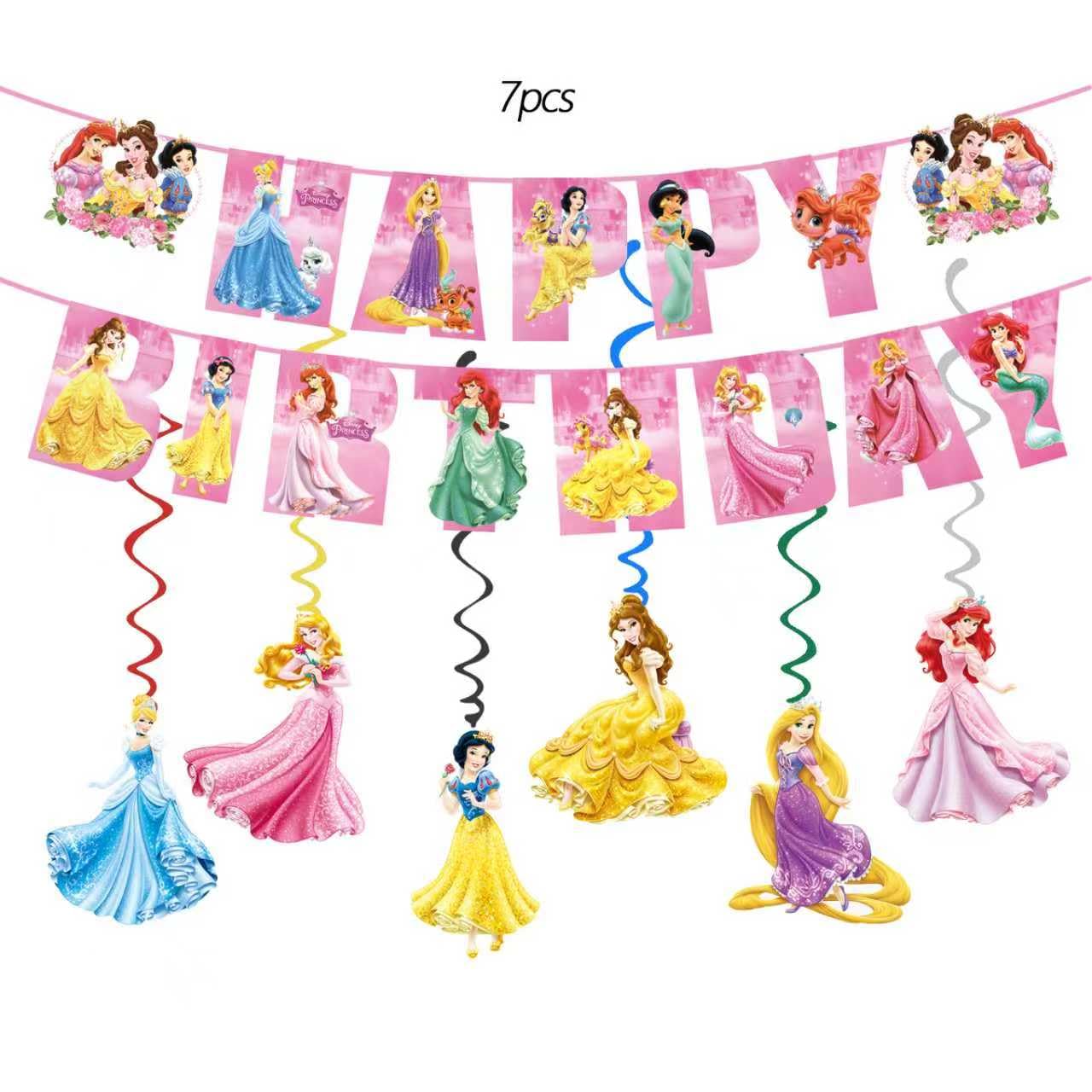 88PCS Disne Princess Birthday Decorations:40 Plates (9 inch + 7 inch), 20 Napkins, 20 Cups, 1 "Happy Birthday" Banner, 6 Hanging Swirls, 1 Tablecloth