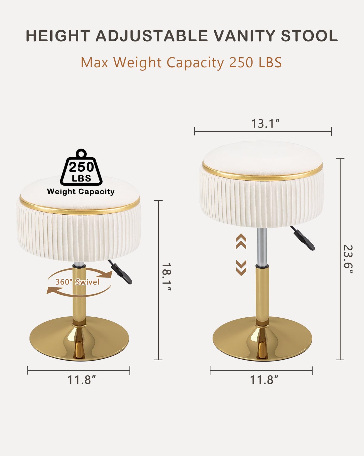 LITZFUR Adjustable Vanity Stool with Storage, 360° Swivel Gold Chair, Velvet Small Round Ottoman Footrest for Bathroom, Makeup Room, Beige