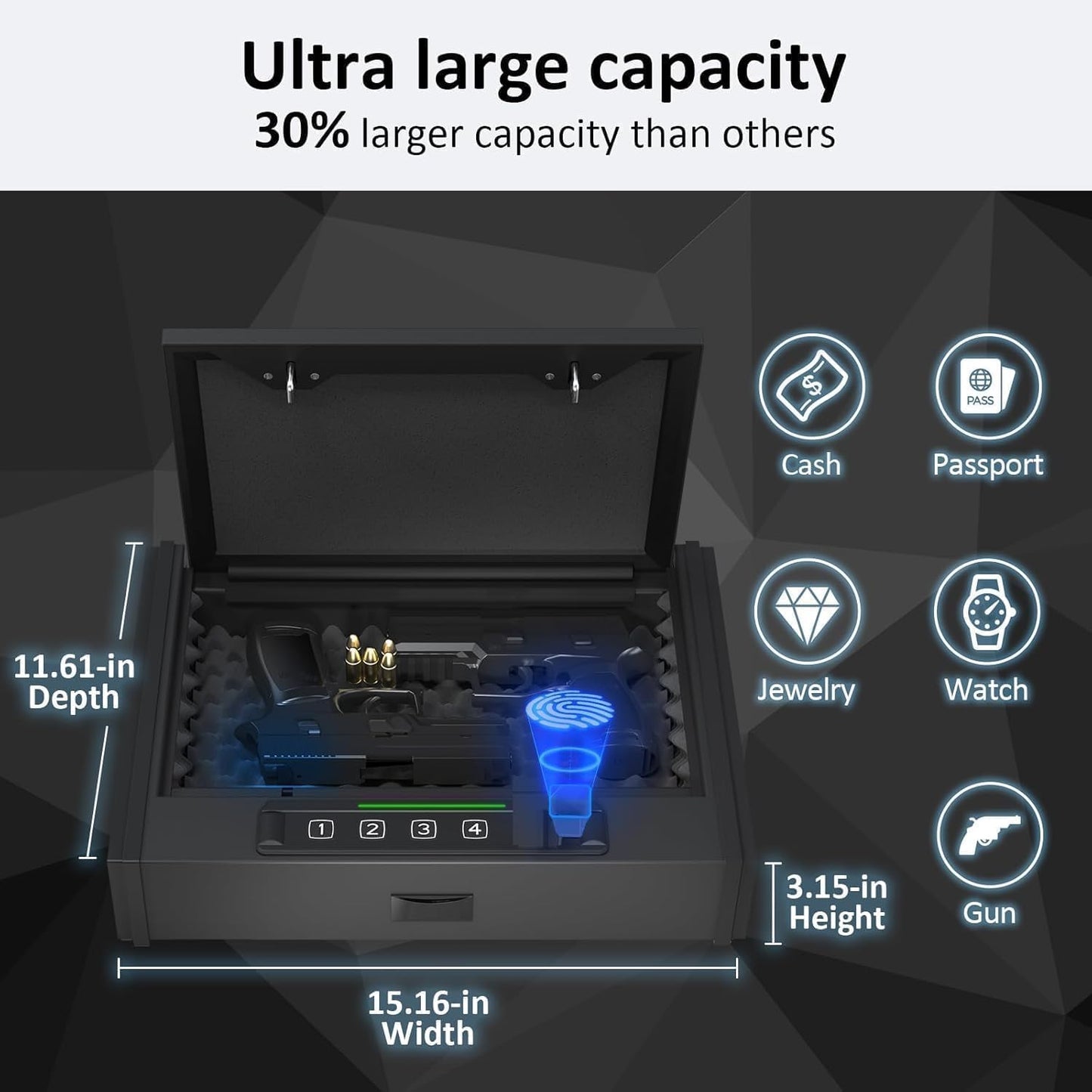 [ 20% Larger capacity ] Biometric gun safe with fingerprint lock box,Large pistol safes for handgun,nightstand hidden gun storage for bedside,quick access，ammunition storage security box for Home