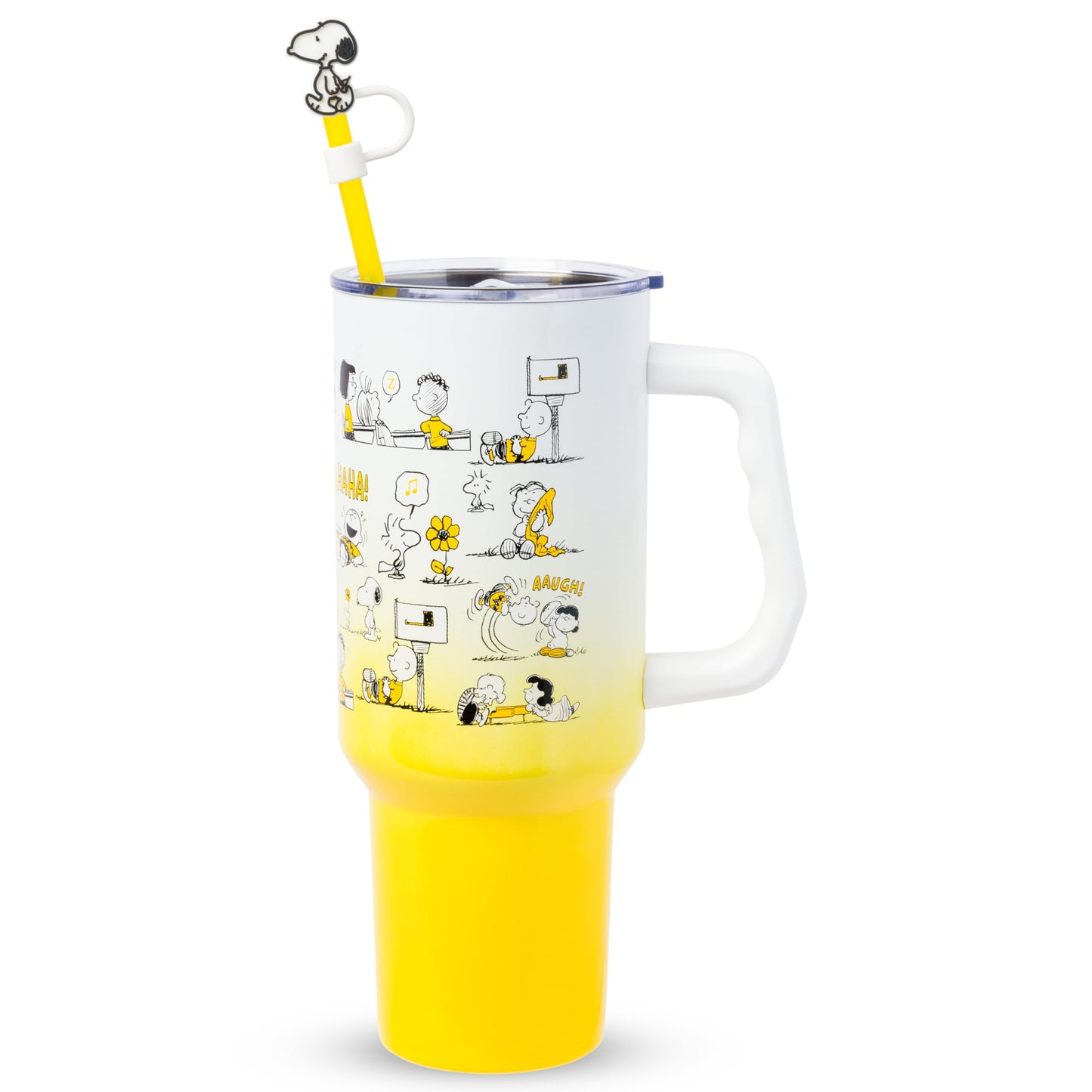 Silver Buffalo Peanuts Iconic Scenes Charlie Brown, Snoopy, Woodstock, Lucy, Sally, Linus Double Walled Stainless Steel Tumbler with Handle, Straw, & Straw Cap, Fits in Standard Cup Holder, 40 Ounces