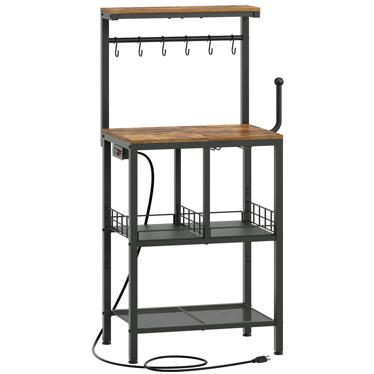 YATINEY Bakers Rack with Power Outlet, Microwave Stand with Paper Holder, Coffee Bar Station with Wine Glass Holder, 4-Tier Kitchen Storage Rack for Dining Room, Living Room, Rustic Brown HB02UBR