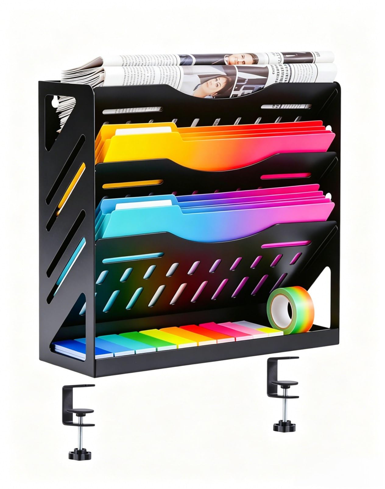 Yuxh 13 Inch Mail Organizer 4 Tier Bill Holder Metal Paper Tray Organizer with Bottom Tray for Clamp on Desktop or Wall Mounting