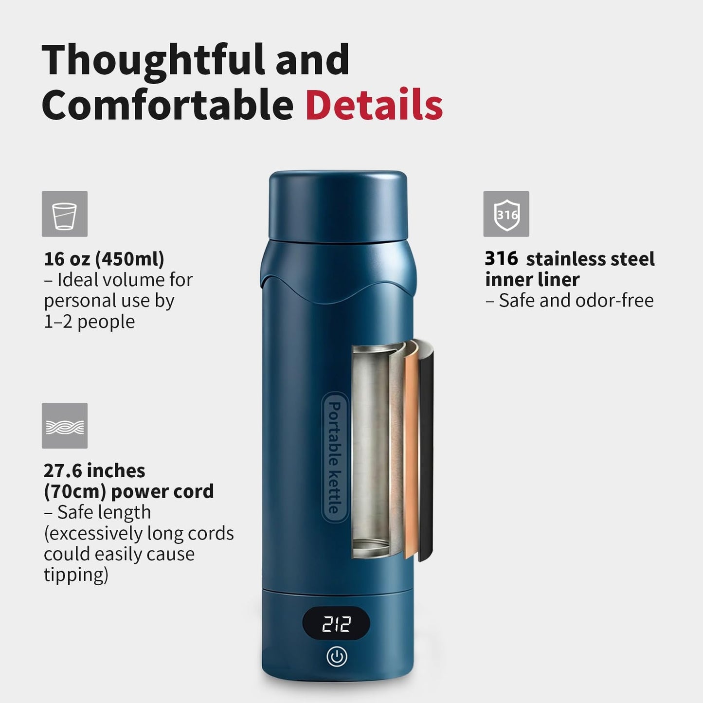 Insulated Stainless Steel Travel Electric Kettle Small, Smart Water Bottle with 4 temperature control, Leak-Proof, Mini Travel Essentials Portable Office Gifts for Tea Lovers, Dark Blue