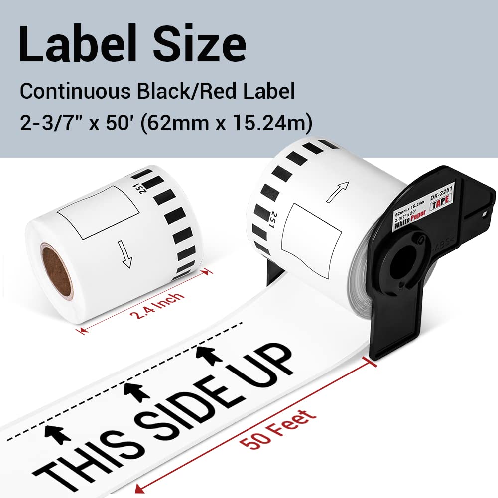 DK-2251 Compatible with Brother 2-3/7" x 50' Black/Red on White Continuous Paper Labels DK2251 for QL-800, QL-810W, QL-820NWB Printers, 3 Rolls+1 Frame