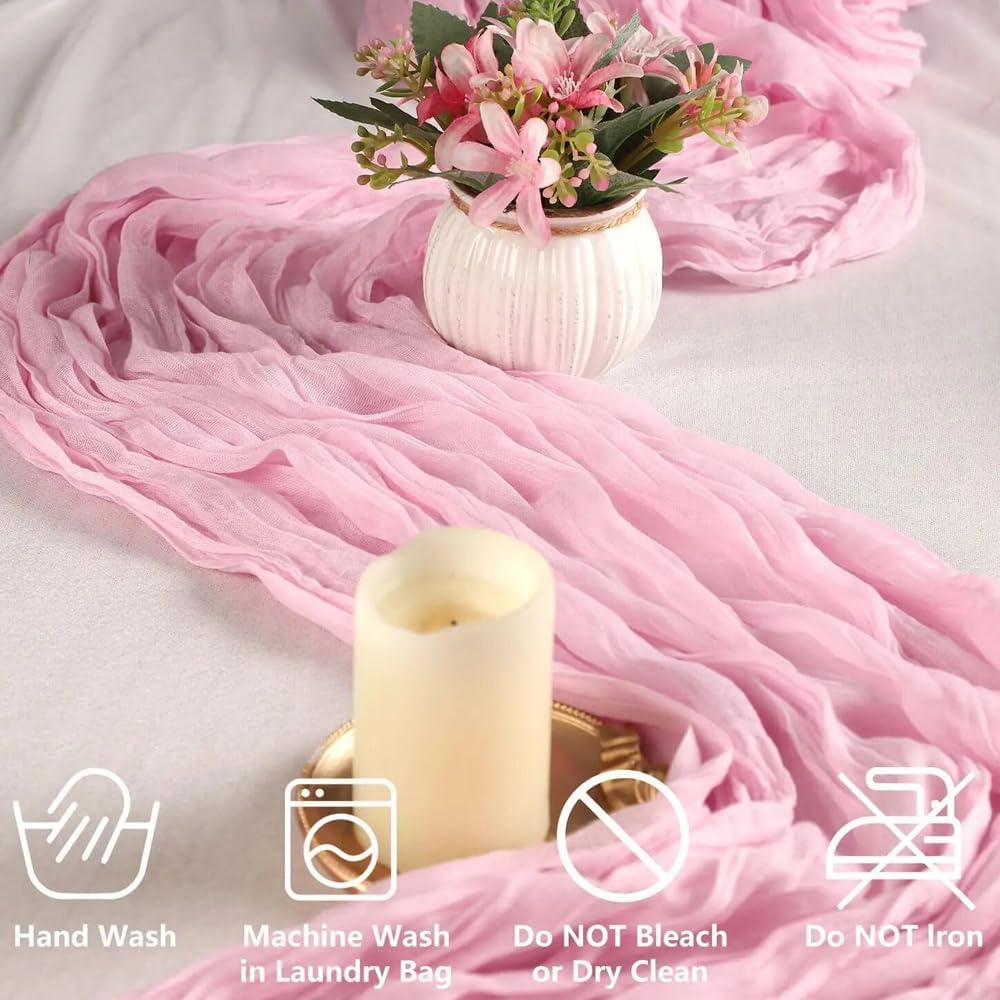 12 Pack Light Pink Cheesecloth Table Runner 35x120 Inch 10Ft Boho Gauze Fabric Table Runner Rustic Sheer Runner for Wedding Birthday Baby Shower Party Boho Table Decoration(Light Pink, 12 Pack)