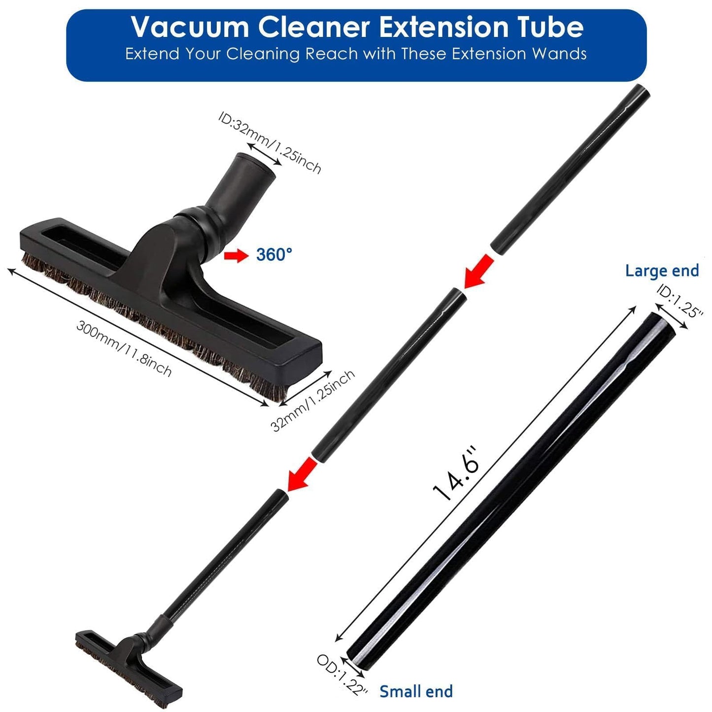 Alrens 14 PCS Universal Vacuum Attachments & Brushes Kit for Shop Vac Accessories & Household Cleaning, Includes 4 Vacuum Hose Adapters, 3 Vacuum Extension Wands & Flexible Crevice Tool