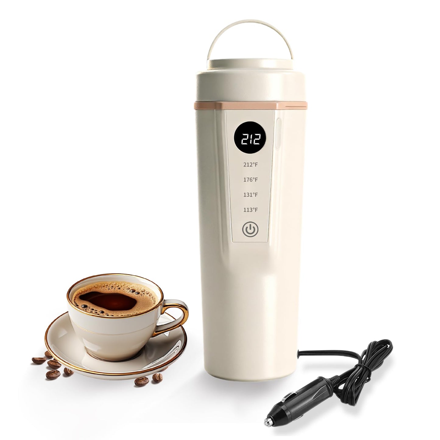 Car Electric Kettle 12V/24V Dual Voltage, Portable Travel Electric Kettle for Road Trips, Mini Small Water Boiler with 4 Temp Control, 316 Stainless Steel,16oz(Beige)