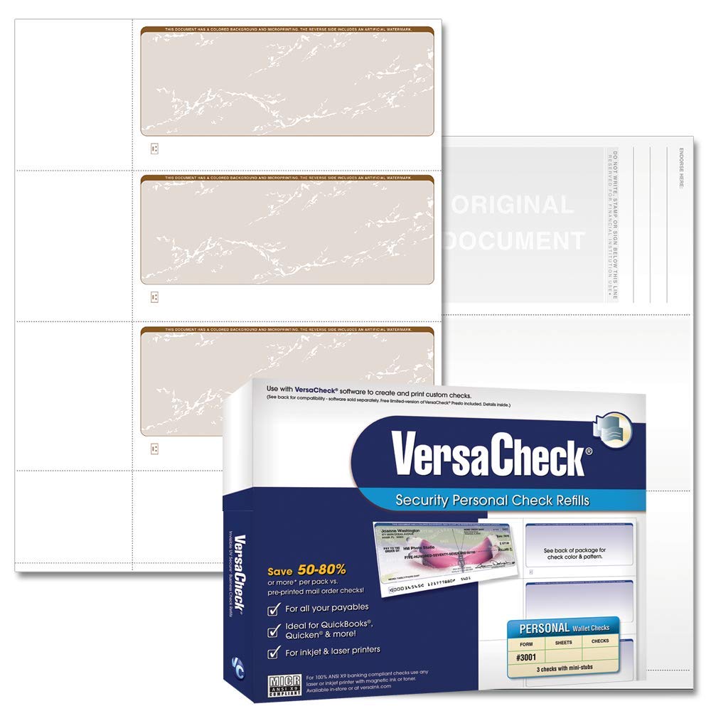 VersaCheck Secure Checks - 750 Blank Business or Personal Wallet Checks - Tan Prestige - 250 Sheets Form #3001-3 Per Sheet