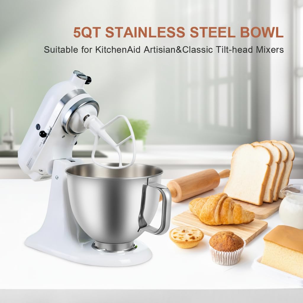 5 Quart Stainless Steel Mixer Bowl Compatible with KitchenAid 4.5 & 5 QT Tilt-Head Stand Mixers, Durable KitchenAid Replacement Bowl, Mixer Accessories for Baking & Cooking