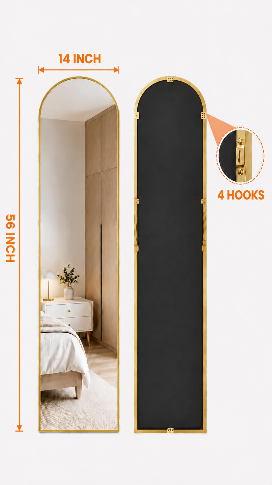 Antok Arched Full Length Mirror, 56"x14" Gold Metal Frame Floor Mirror for Bedroom Living Room, Freestanding/Wall Mount/Leaning