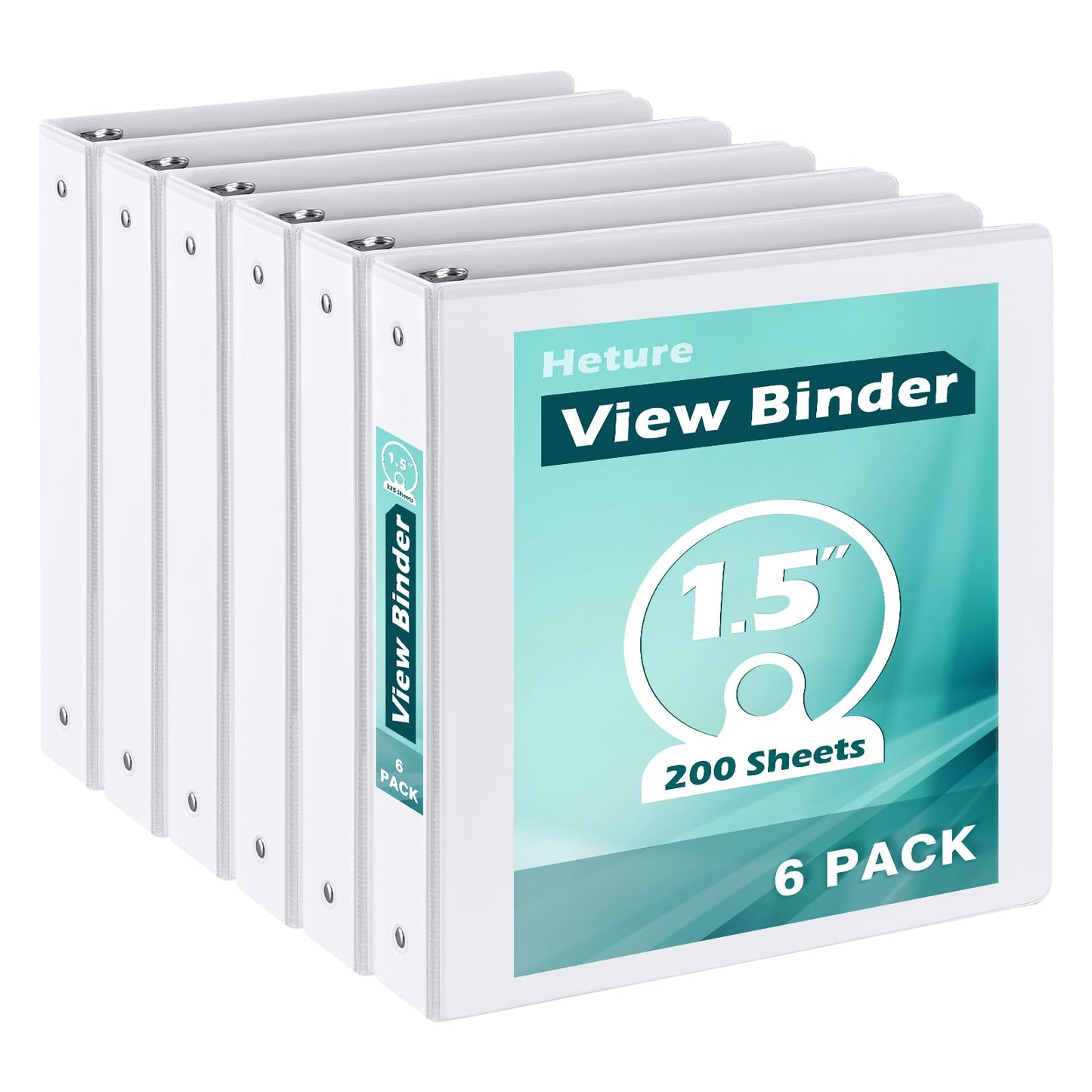 Heture 3 Ring Binder 1.5 Inch 6 Pack, 1-1/2" Clear View with Round Rings, PVC-Free,Holds for 325 Sheets 8.5X 11 US Letter Size Paper, Durable White Binders Perfect for Office,School and Home