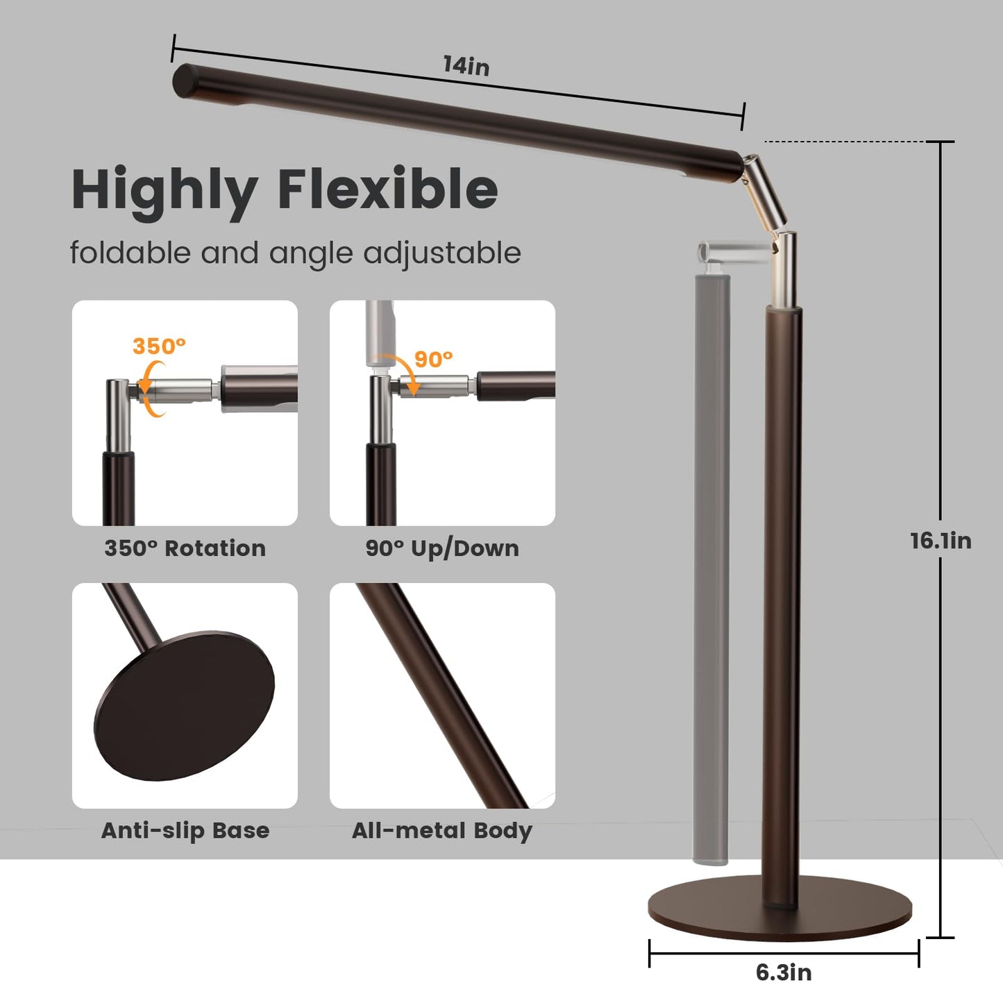 ALFELE Brown LED Desk Lamp - 16" Foldable Metal Desk Light with Base, 15W, 1200LM, Dimmable Color Changing Table Lamp for Reading Study, Modern Table Lamp for Home Office Laptop College Dorm