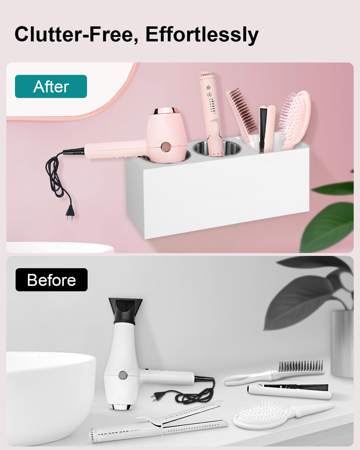 Bollmisde Hair Tool Organizer, Hair Dryer Holder with Heatproof Steel Cups, Acrylic Vanity Organizer for Curling Iron, Flat Iron & Hair Brushes, Perfect for Bathroom (White, Standard)