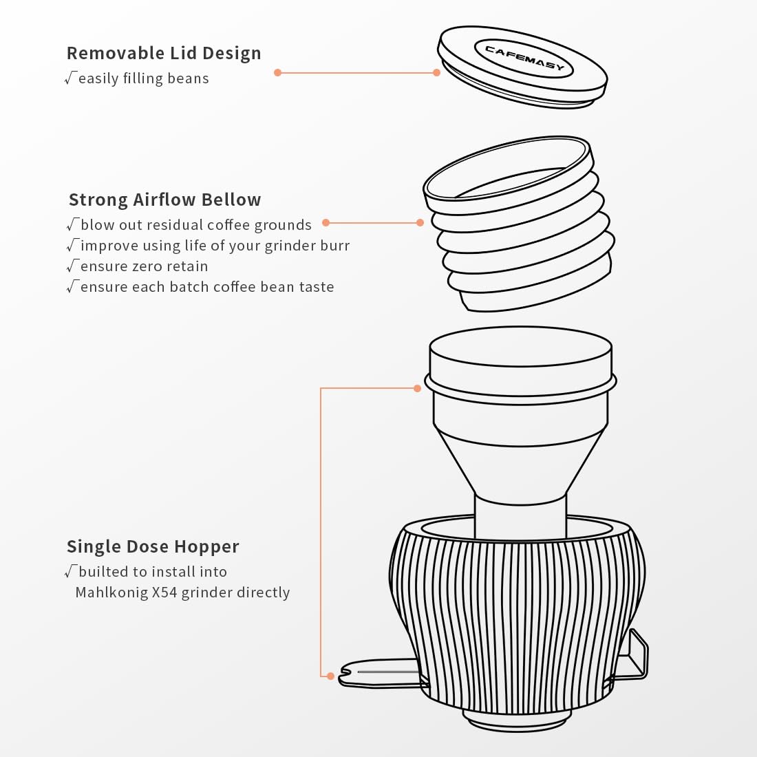 Coffee Grinder Cleaning Tool Accessories Single Dose Hopper Air Bellow with Aluminum Lid Compatible for Mahlkonig X54 Espresso Coffee Grinder
