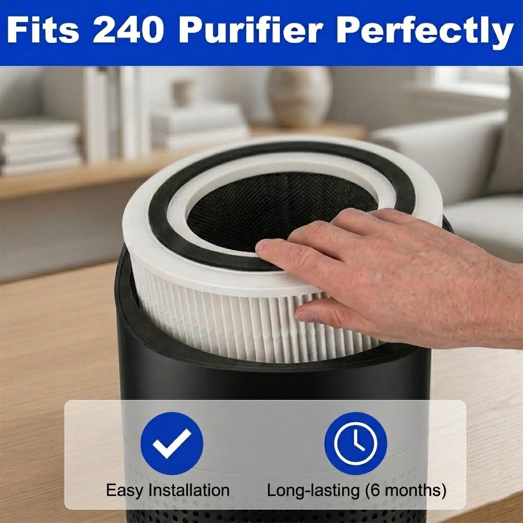 240 Replacement Filter Compatible with 240 Air Purifier, 3-in-1 True Hepa 14 Graded with Activated Carbon Captures 99.99% of Smoke, Dusts, Odors, Allergens & Air Pollutants, 2 Pack