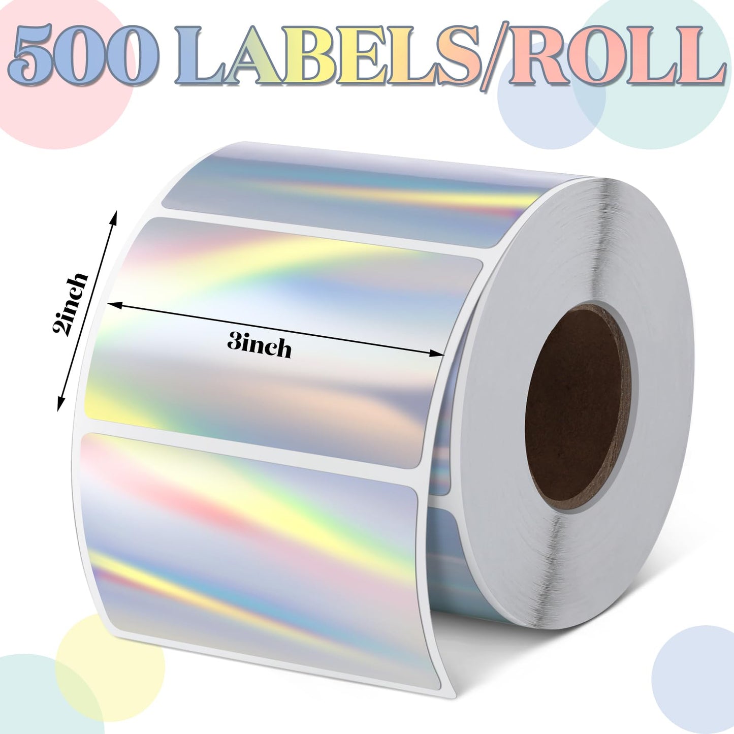 Kosiz 1000 Labels/ 2 Rolls Holographic Thermal Sticker Labels Self Adhesive Printable Thermal Rainbow Stickers for DIY Logo Design Qr Code Name Tag(Holographic Rectangular Style,3" X 2")