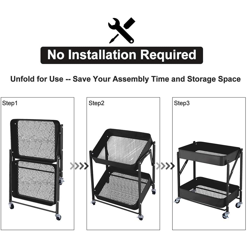 Melody House 2-Tier Metal Folding Rolling Cart, Mobile Utility Cart Trolley Storage Organizer for Office Home Kitchen Organization, Sofa Side End Table with Wheels, Black