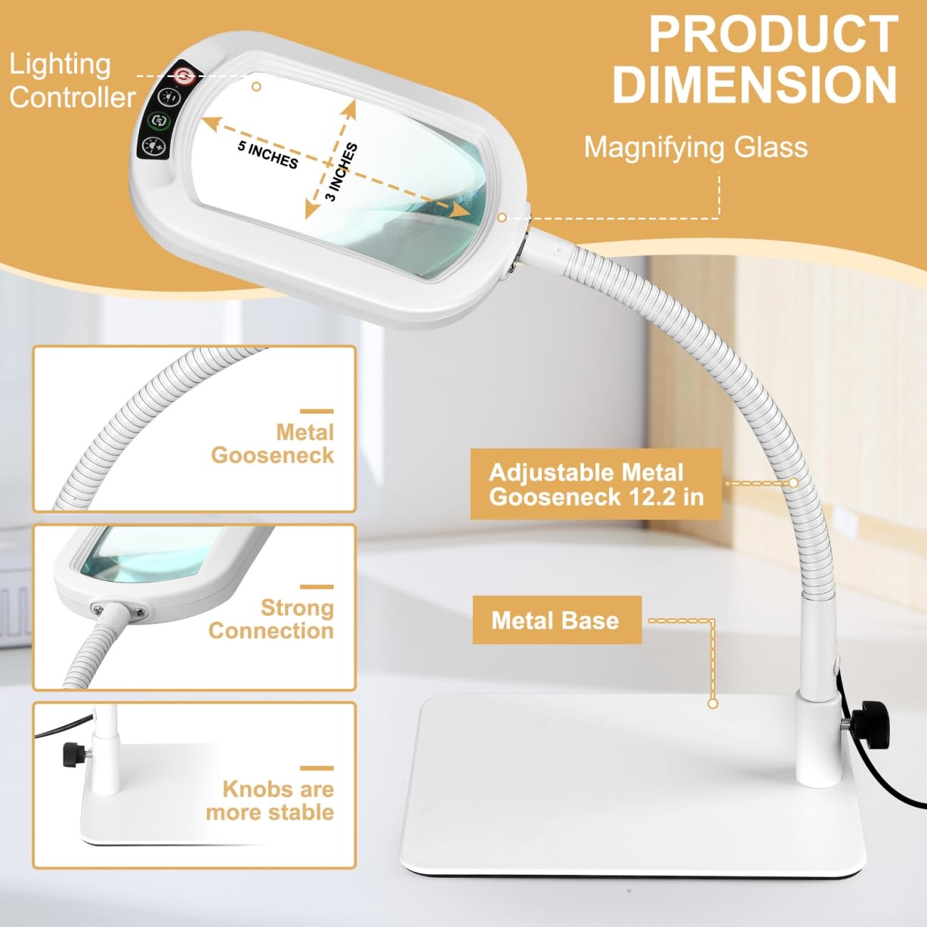 Veemagni 12X Rectangle Magnifying Glass with Light and Stand, Flexible Gooseneck LED Lighted Desk Lamp, 5 Color Modes Stepless Dimmable, Hands Free Magnifier for Reading Painting Close Work - White