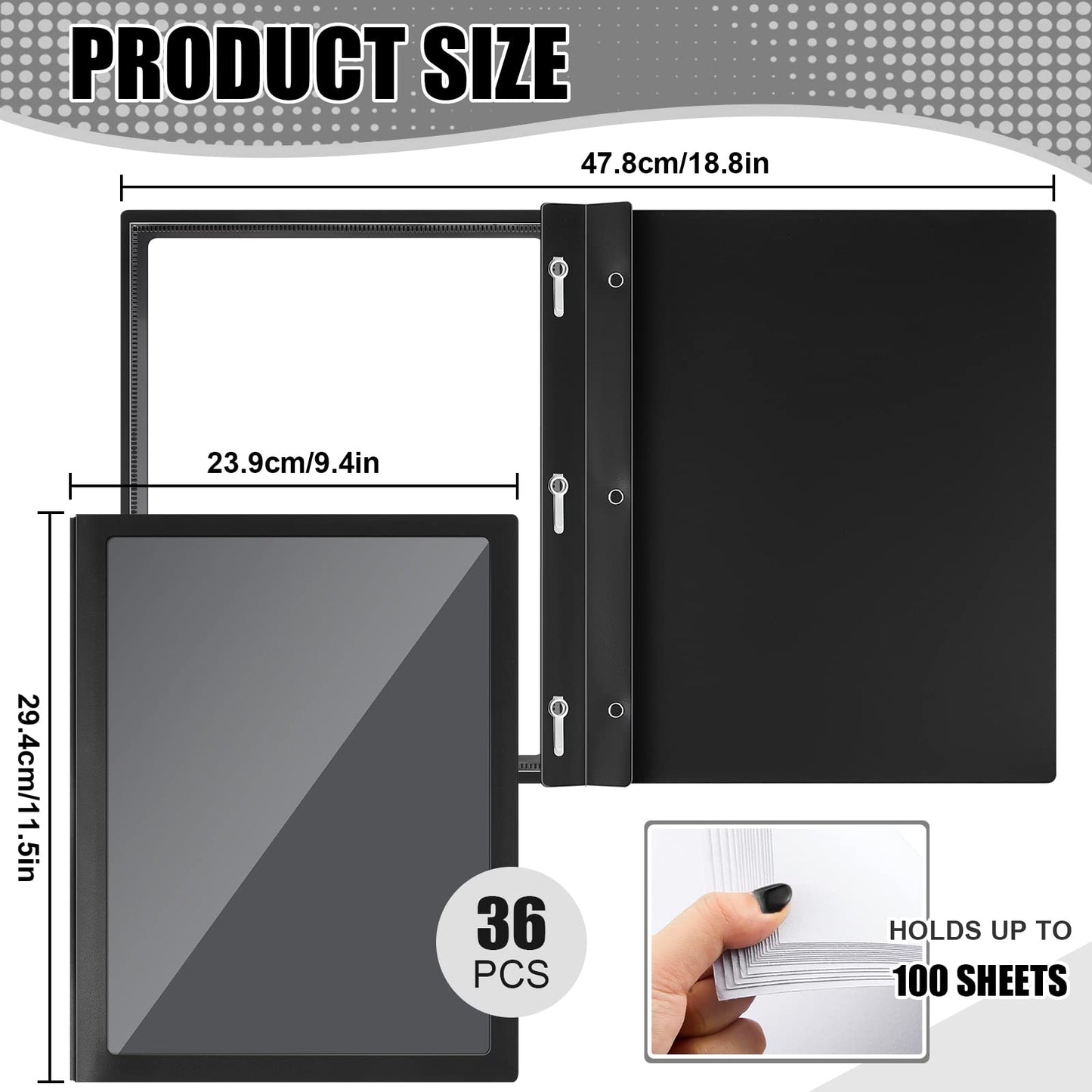 Teling 36 Pcs Report Covers with 3 Prong Fasteners Clear Front Presentation Folders Frame View Poly Report Folder Presentation Binder for Paper Document School Office (Black)