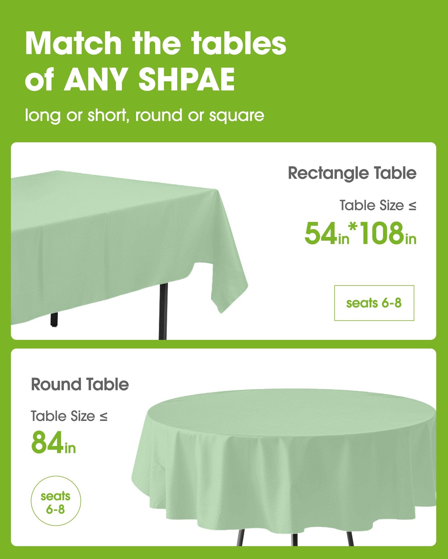 Pureegg Plastic Table Cloth Disposable 20 Pack, 54 x 108 Inch Table Cloths, Easter Party, Decorative Tablecloths, Rectangle, Light, Pastel Plastic Cover, Leakproof & Sturdy, Sage Green