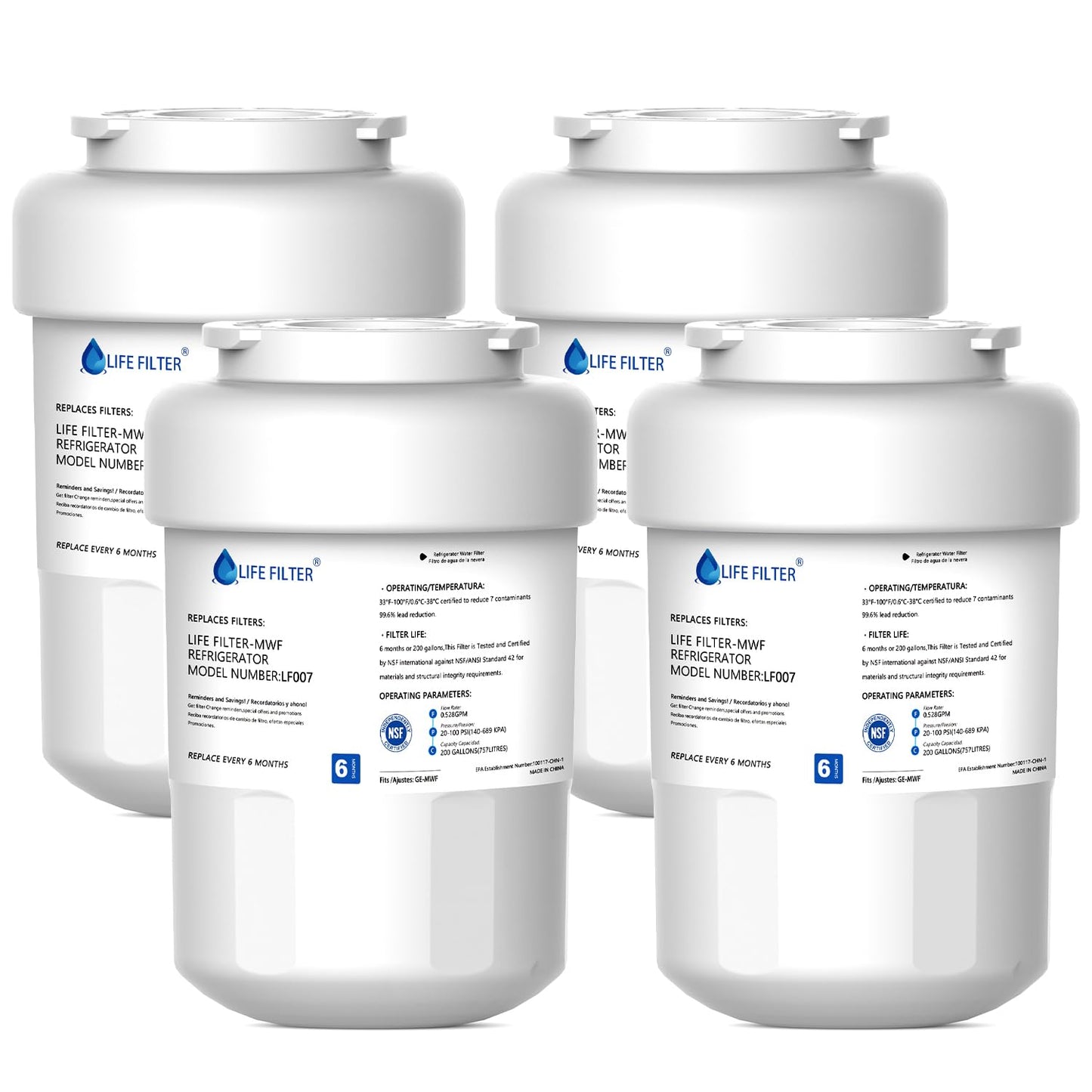 Lifefilter Replacement for MWF Refrigerator Water Filters, MWFP, HDX FMG-1, MWFA, GWF, GSE25GSHECSS, WFC1201, RWF1060, 197D6321P006, 9991, PC75009, 4 Pack