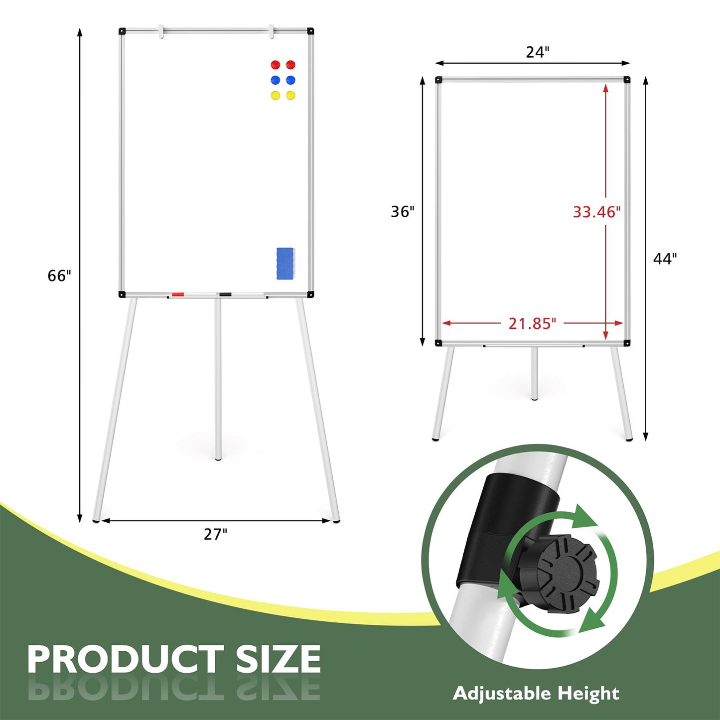 Magnetic Whiteboard Easel Stand, Dry Erase 36 x 24 White Board with Height Adjustable Tripod Stand, 3' x 2' Flipchart Easel Stand Presentation Board, 6 Magnets, 1 Eraser, 2 Pens