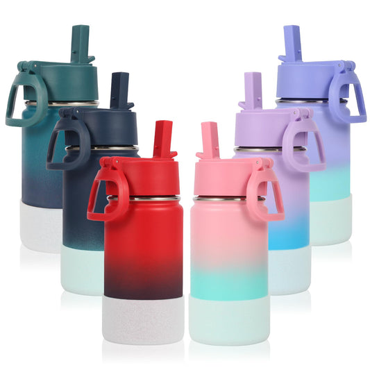 Volhoply 14oz KIds Water Bottle with Straw Lid and Silicone Boot Bulk 6 Pack,Stainless Steel Insulated Cups for Boys & Girls Multipack,Double Wall Vacuum Leakproof Bottles(Assorted,6)