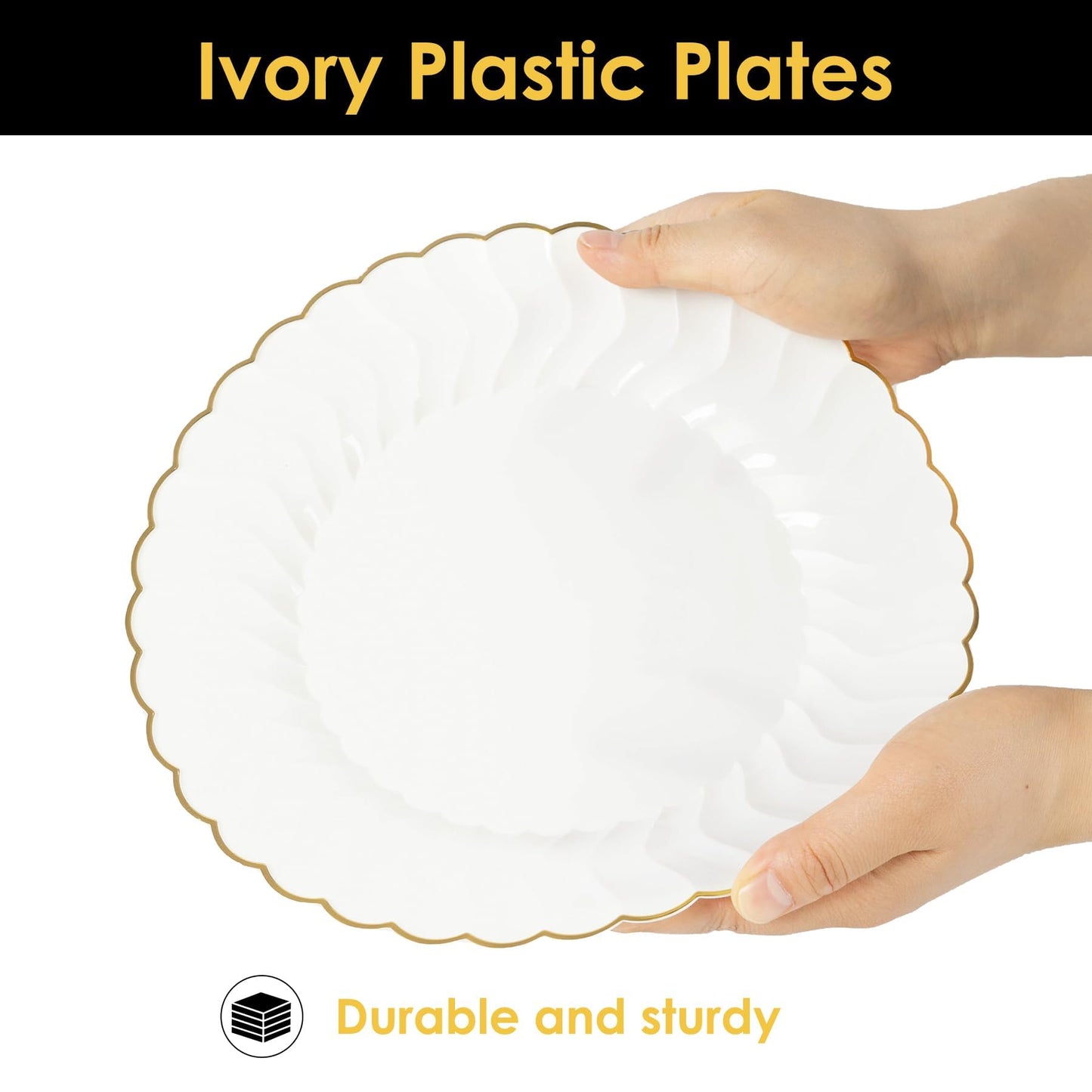 Lullaby 96PCS Ivory Scalloped Plastic Plates with Gold Rim, Disposable Elegant Plates Include 48pcs Dinner Plate 10.25", 48pcs Dessert Plate 7.5", Perfect for Daily Use, Wedding and Party
