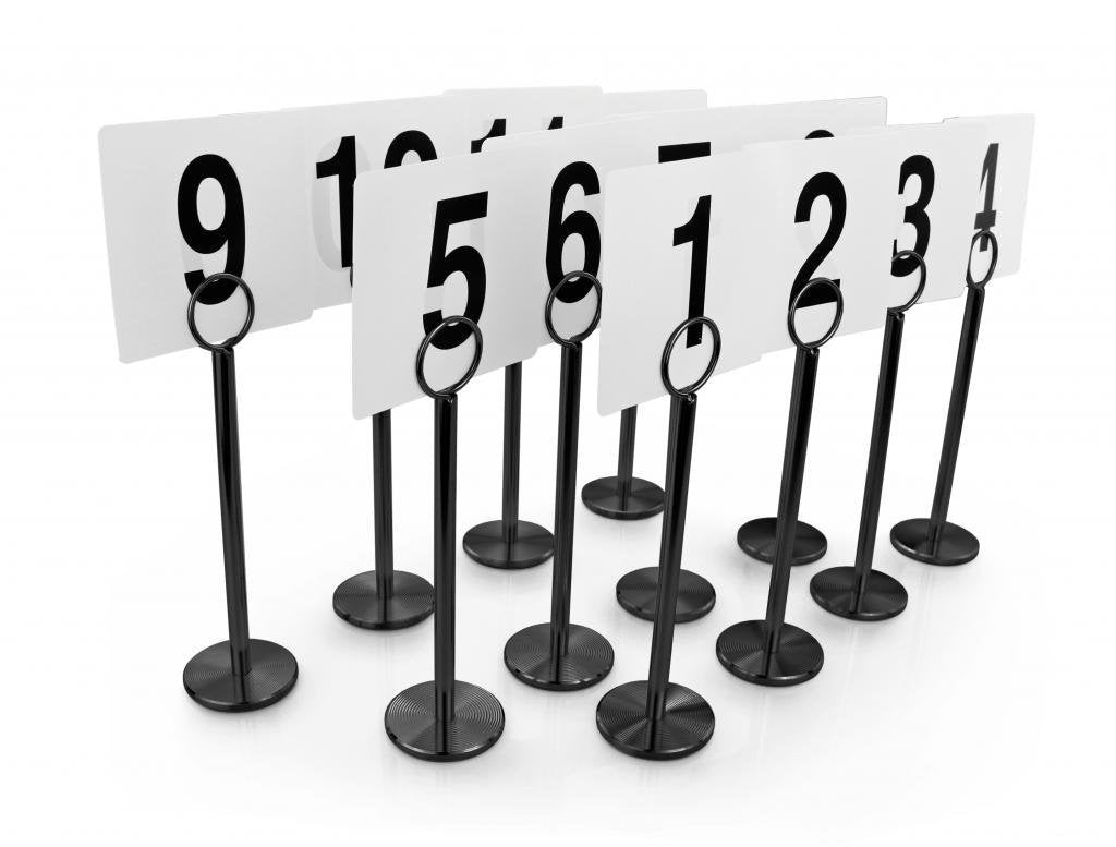 New Star Foodservice Ring Clip Table Number Card Holders with Number Cards 1 to 25, Set of 12, 8-Inch, Black Stand, Stainless Steel